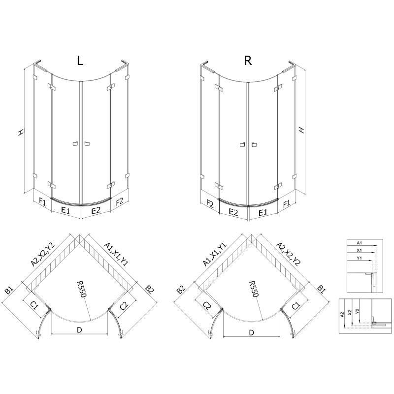 Mexen Lunar L polkruhová sprchová kabína pravá 80 x 70 cm, priehľadná, ružové zlato - 833L-080P-070L-60-00