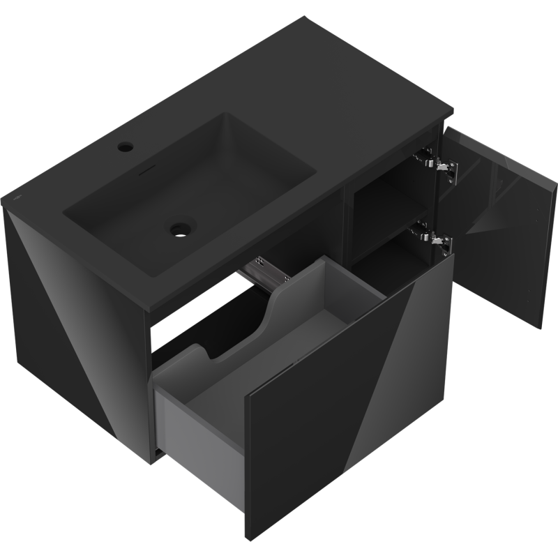 Mexen Orio kúpeľňová skrinka 90 cm s umývadlom Otis ľavým, 1S, 1D, čierny lesk/čierny mat - 91A13-09047-3-BBFF70-W18L71