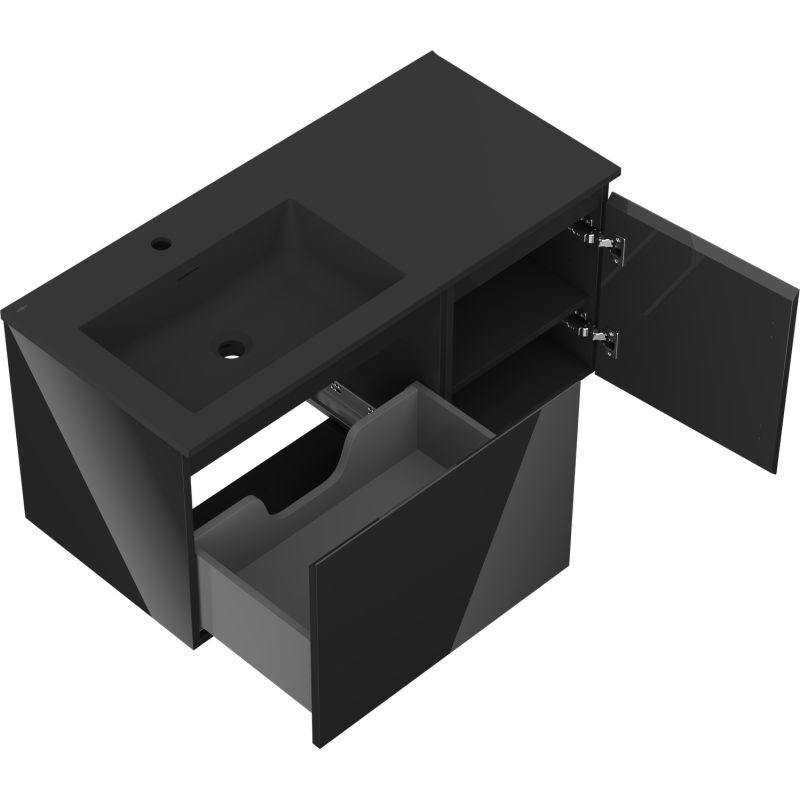 Mexen Orio kúpeľňová skrinka 100 cm s umývadlom Otis ľavá, 1S, 1D, čierny lesk/čierny mat - 91A13-10047-3-BBFF70-W18L71