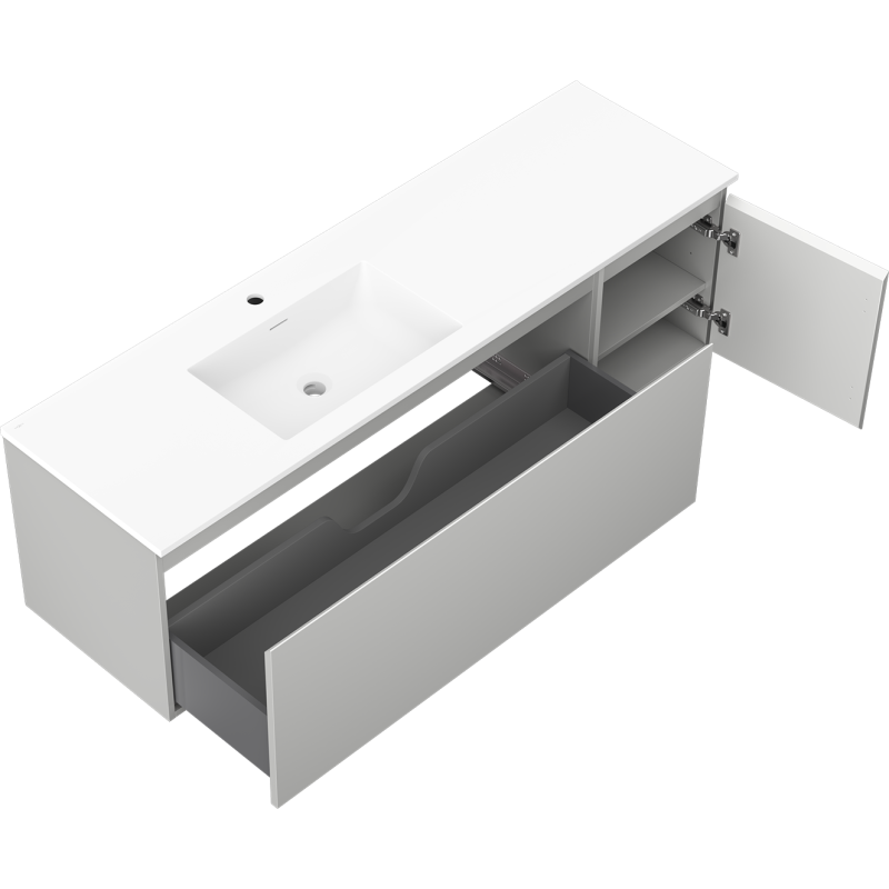 Mexen Orio kúpeľňová skrinka 160 cm s ľavým umývadlom Otis, 1S, 1D, sivá matná/biela matná - 91A13-16047-3-BBFF62-W18L01