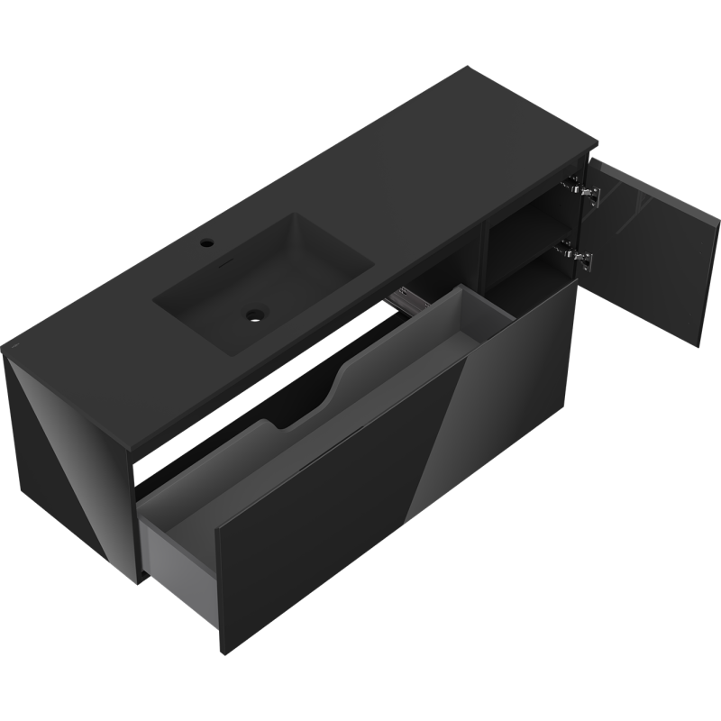 Mexen Orio kúpeľňová skrinka 160 cm s ľavým umývadlom Otis, 1S, 1D, čierny lesk/čierny mat - 91A13-16047-3-BBFF70-W18L71