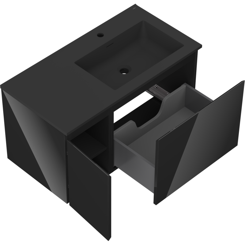 Mexen Orio kúpelňová skrinka 90 cm s umývadlom Otis pravým, 1S, 1D, čierny lesk/čierny mat - 91A13-09047-3-BBFF70-W18P71