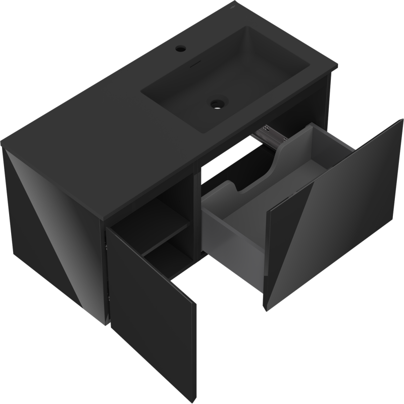 Mexen Orio kúpeľňová skrinka 100 cm s umývadlom Otis pravá, 1S, 1D, čierny lesk/čierny mat - 91A13-10047-3-BBFF70-W18P71