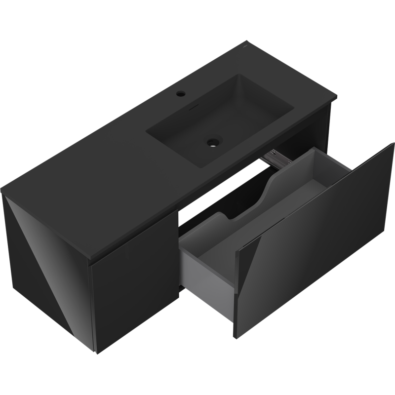Mexen Orio kúpeľňová skrinka 120 cm s umývadlom Otis pravá, 1S, 1D, čierna lesklá/čierna matná - 91A13-12047-3-BBFF70-W18P71