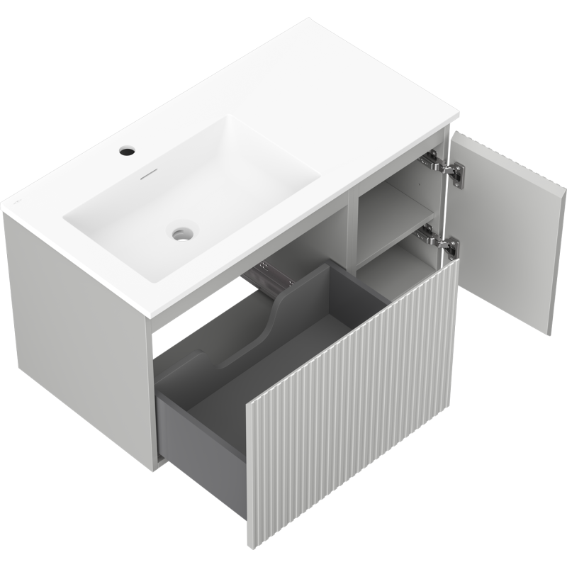 Mexen Rivel kúpeľňová skrinka 90 cm s umývadlom Otis ľavá, 1S, 1D, ryhovaná, sivá matná/biela matná