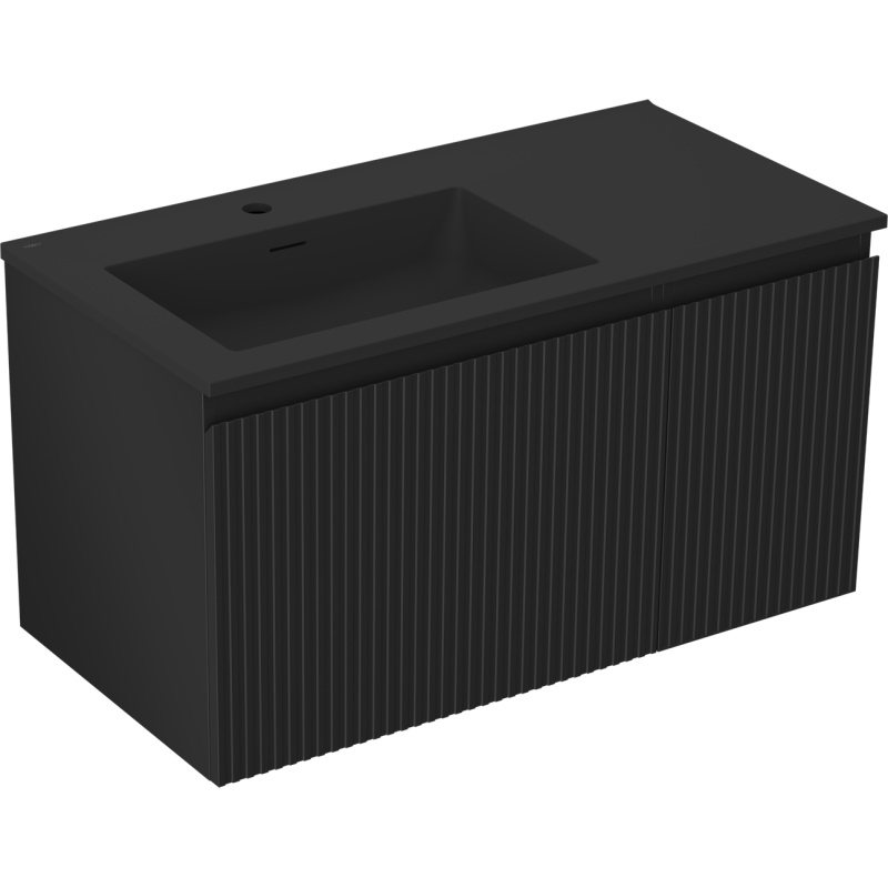 Mexen Rivel kúpeľňová skrinka 90 cm s umývadlom Otis ľavým, 1S, 1D, ryhovaná, čierna mat - 91A23-09047-3-BBFF71-W18L71
