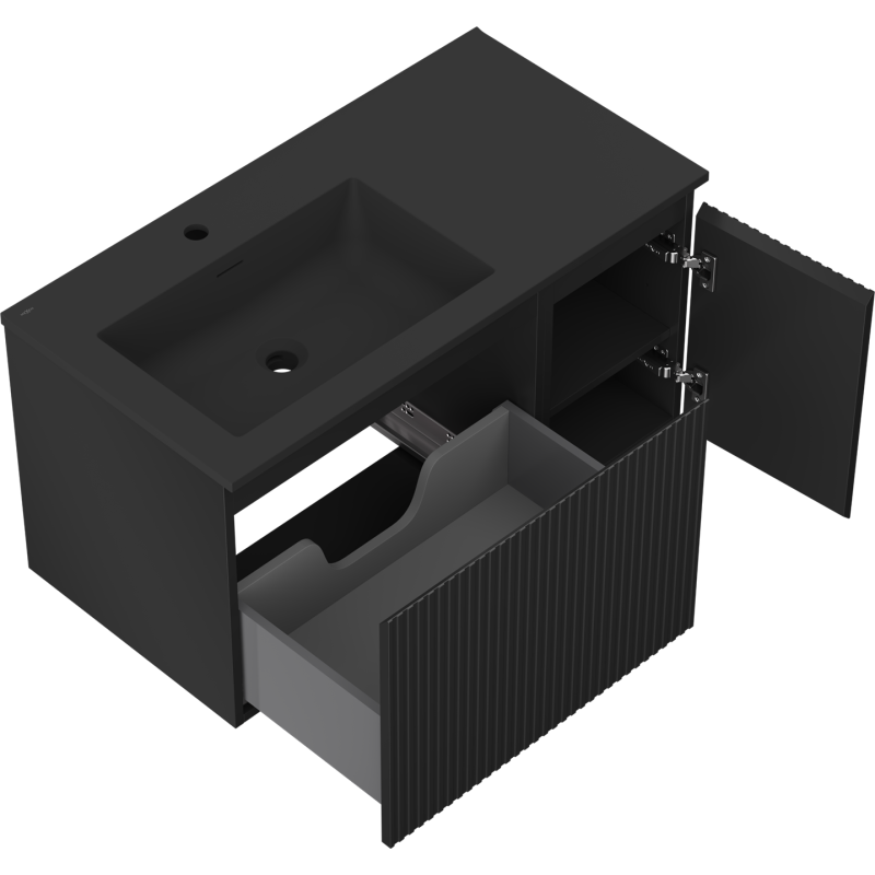 Mexen Rivel kúpeľňová skrinka 90 cm s umývadlom Otis ľavým, 1S, 1D, ryhovaná, čierna mat - 91A23-09047-3-BBFF71-W18L71