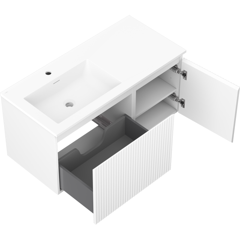 Mexen Rivel kúpeľňová skrinka 100 cm s umývadlom Otis ľavým, 1S, 1D, ryhovaná, biela mat - 91A23-10047-3-BBFF01-W18L01