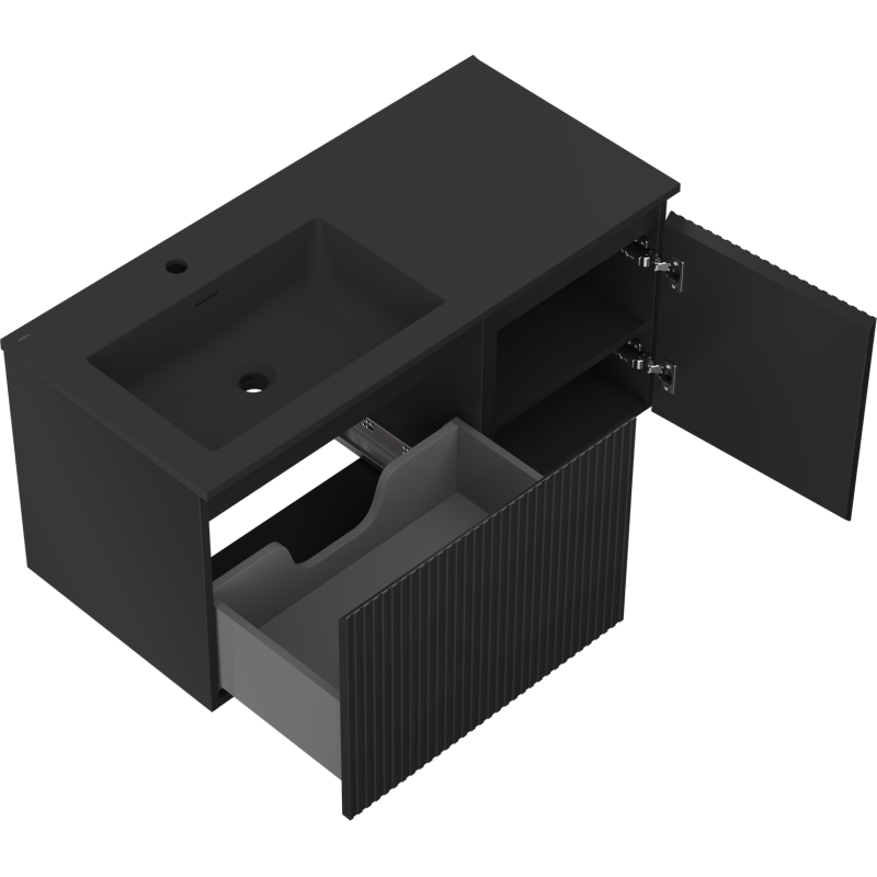 Mexen Rivel kúpeľňová skrinka 100 cm s umývadlom Otis ľavá, 1S, 1D, ryhovaná, čierna matná - 91A23-10047-3-BBFF71-W18L71
