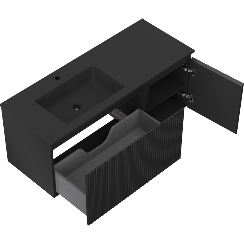 Mexen Rivel kúpeľňová skrinka 120 cm s umývadlom Otis ľavým, 1S, 1D, ryhovaná, čierna mat - 91A23-12047-3-BBFF71-W18L71