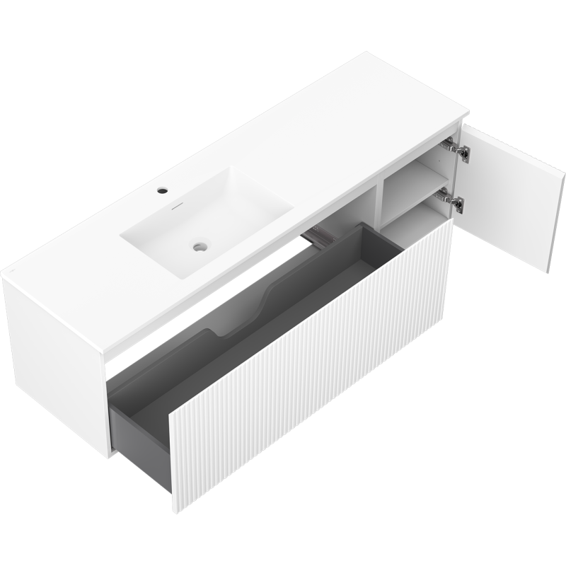 Mexen Rivel kúpeľňová skrinka 160 cm s umývadlom Otis ľavá, 1S, 1D, ryhovaná, biela mat - 91A23-16047-3-BBFF01-W18L01