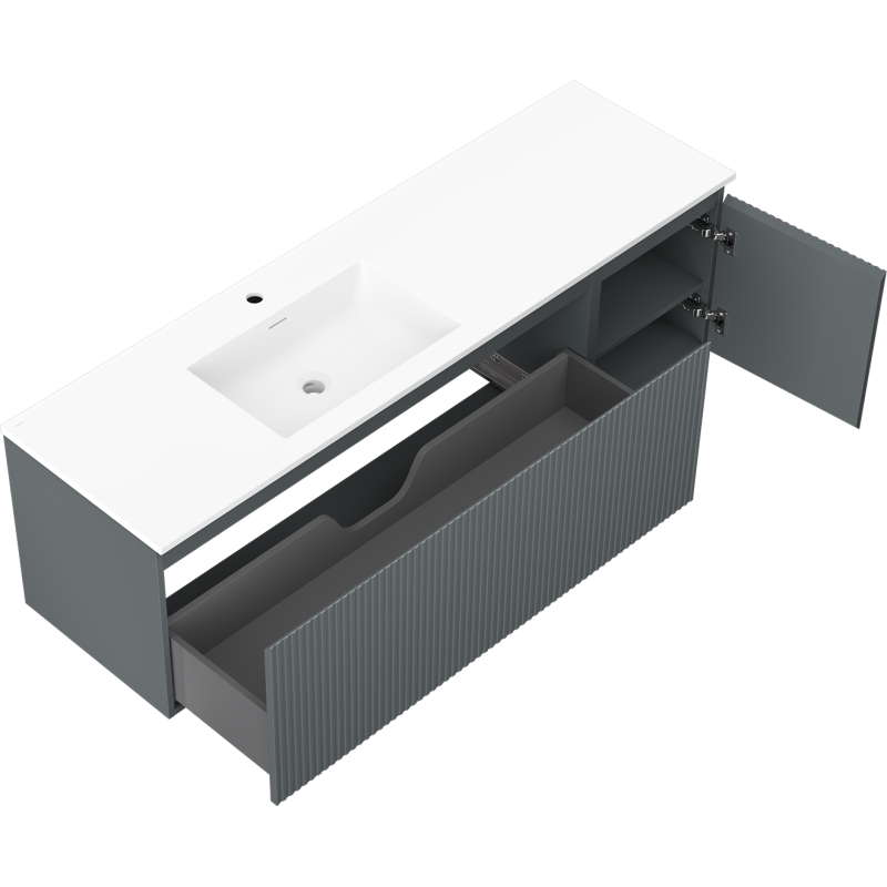 Mexen Rivel kúpeľňová skrinka 160 cm s umývadlom Otis ľavé, 1S, 1D, ryhovaná, grafit mat/biela mat - 91A23-16047-3-BBFF66-W18L01