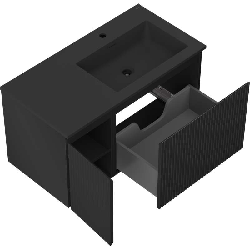 Mexen Rivel kúpeľňová skrinka 90 cm s umývadlom Otis pravá, 1S, 1D, ryhovaná, čierna mat - 91A23-09047-3-BBFF71-W18P71