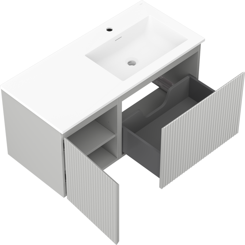 Mexen Rivel kúpeľňová skrinka 100 cm s umývadlom Otis pravým, 1S, 1D, ryhovaná, šedá matná/biela matná