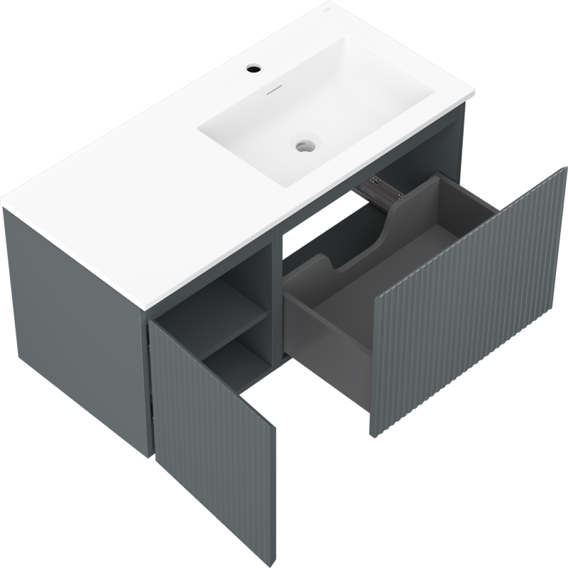 Mexen Rivel kúpeľňová skrinka 100 cm s umývadlom Otis pravá, 1S, 1D, ryhovaná, grafit/biela mat - 91A23-10047-3-BBFF66-W18P01