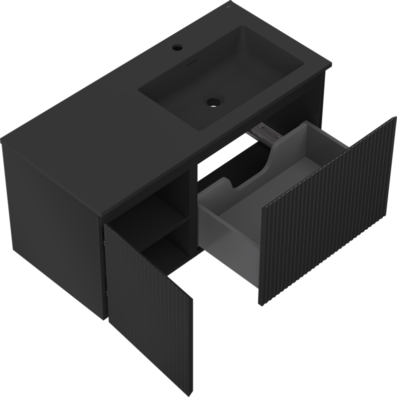 Mexen Rivel kúpeľňová skrinka 100 cm s umývadlom Otis pravá, 1S, 1D, drážkovaná, čierna mat - 91A23-10047-3-BBFF71-W18P71