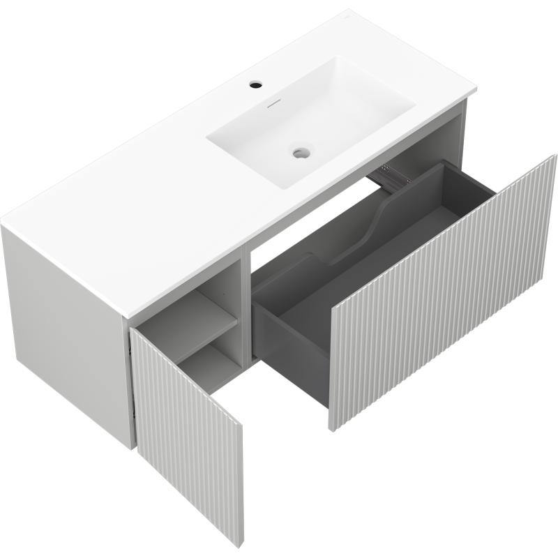 Mexen Rivel kúpeľňová skrinka 120 cm s umývadlom Otis pravá, 1S, 1D, ryhovaná, šedá matná/biela matná
