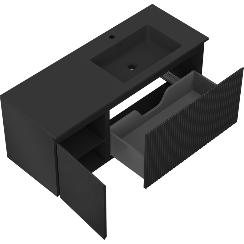 Mexen Rivel kúpeľňová skrinka 120 cm s umývadlom Otis pravým, 1S, 1D, drážkovaná, čierna mat - 91A23-12047-3-BBFF71-W18P71
