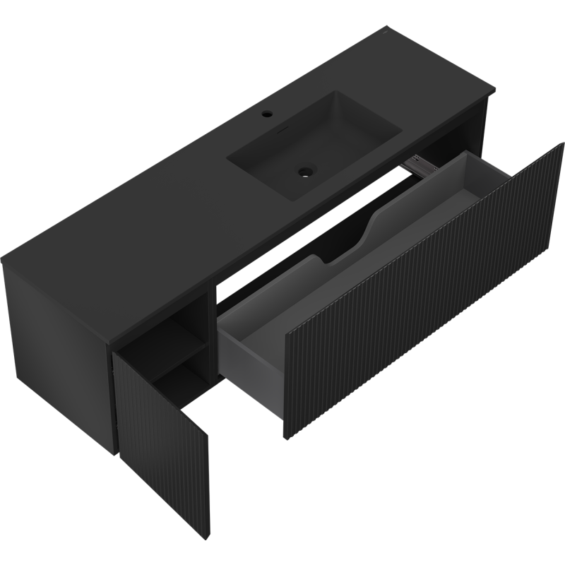 Mexen Rivel kúpeľňová skrinka 160 cm s umývadlom Otis pravá, 1S, 1D, ryhovaná, čierna matná - 91A23-16047-3-BBFF71-W18P71