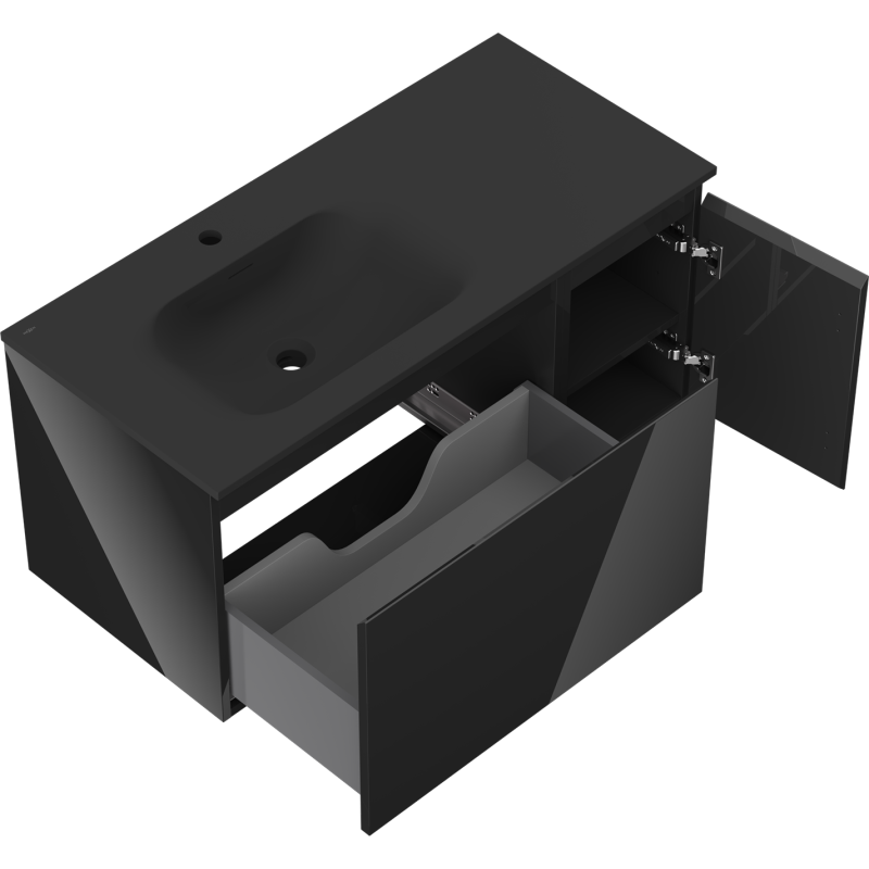 Mexen Orio kúpeľňová skrinka 90 cm s umývadlom Vela ľavá, 1S, 1D, čierny lesk/čierny mat - 91A13-09047-3-BBFF70-W23L71