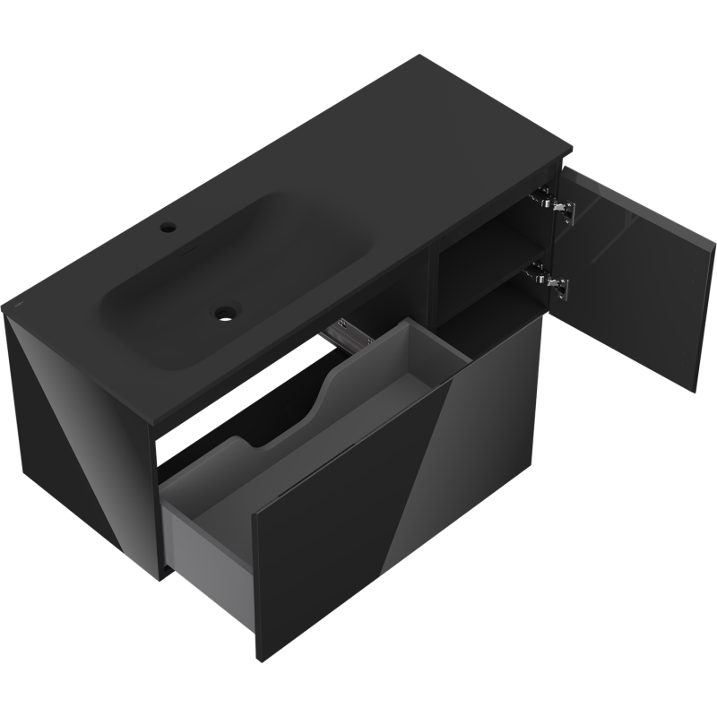 Mexen Orio kúpeľňová skrinka 120 cm s umývadlom Vela ľavým, 1S, 1D, čierny lesk/čierny mat - 91A13-12047-3-BBFF70-W23L71