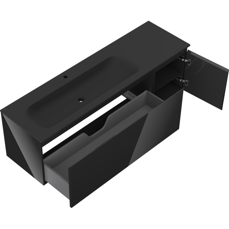 Mexen Orio kúpeľňová skrinka 160 cm s umývadlom Vela ľavým, 1S, 1D, čierny lesk/čierny mat - 91A13-16047-3-BBFF70-W23L71