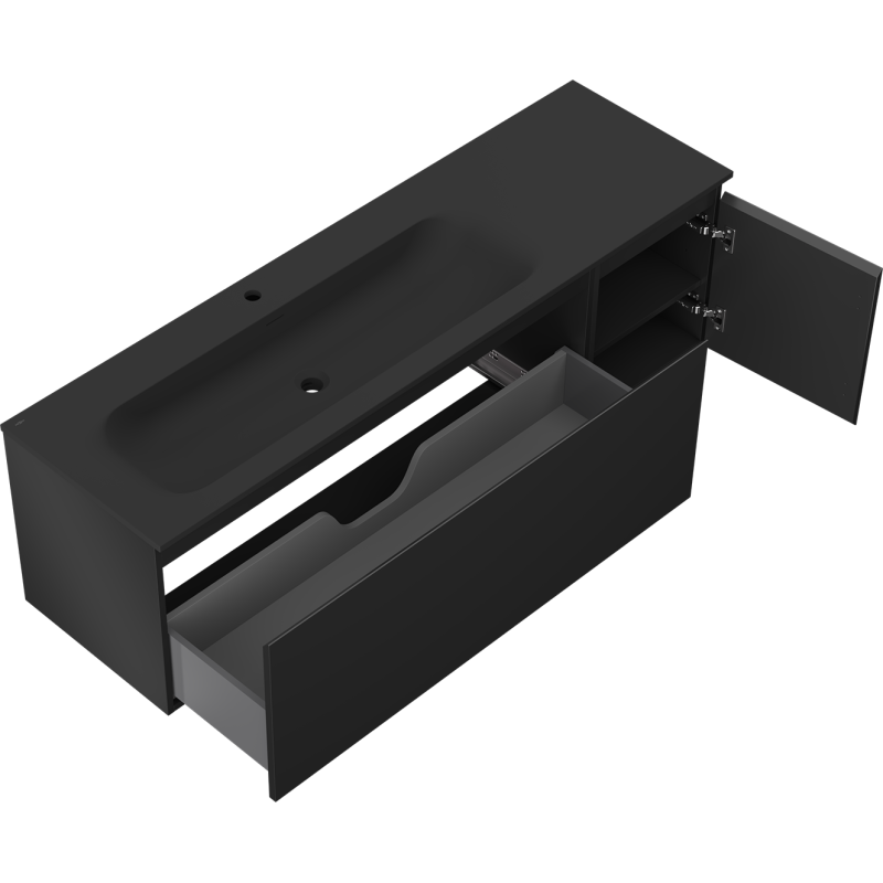 Mexen Orio kúpeľňová skrinka 160 cm s ľavým umývadlom Vela, 1S, 1D, čierna matná - 91A13-16047-3-BBFF71-W23L71