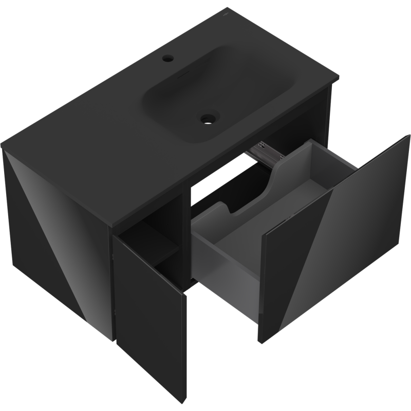 Mexen Orio kúpeľňová skrinka 90 cm s umývadlom Vela pravá, 1S, 1D, čierny lesk/čierny mat - 91A13-09047-3-BBFF70-W23P71