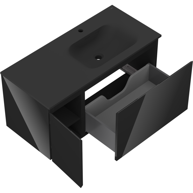 Mexen Orio kúpeľňová skrinka 100 cm s umývadlom Vela pravá, 1S, 1D, čierna lesk/čierna mat - 91A13-10047-3-BBFF70-W23P71