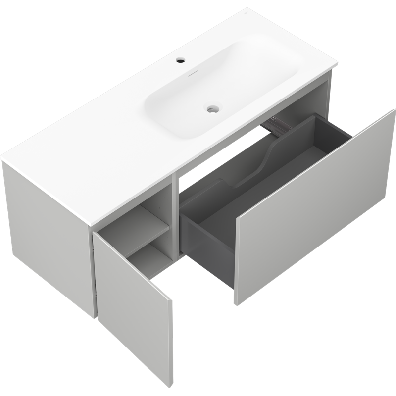 Mexen Orio kúpeľňová skrinka 120 cm s pravým umývadlom Vela, 1S, 1D, sivá mat/biela mat - 91A13-12047-3-BBFF62-W23P01