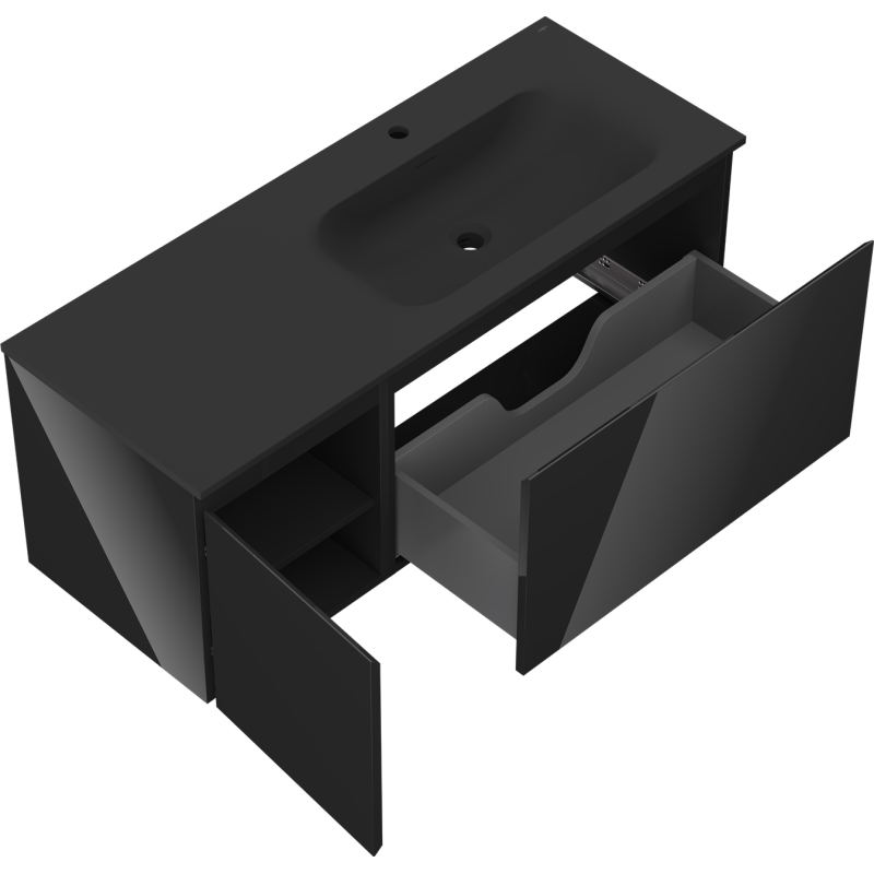 Mexen Orio kúpeľňová skrinka 120 cm s umývadlom Vela pravým, 1S, 1D, čierny lesk/čierny mat - 91A13-12047-3-BBFF70-W23P71