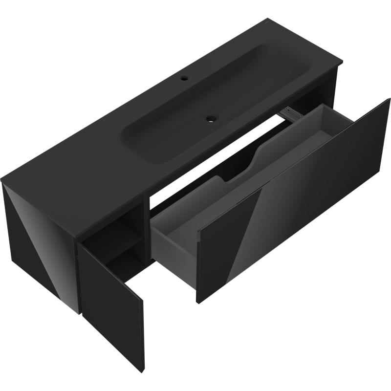 Mexen Orio kúpeľňová skrinka 160 cm s umývadlom Vela pravá, 1S, 1D, čierny lesk/čierny mat - 91A13-16047-3-BBFF70-W23P71