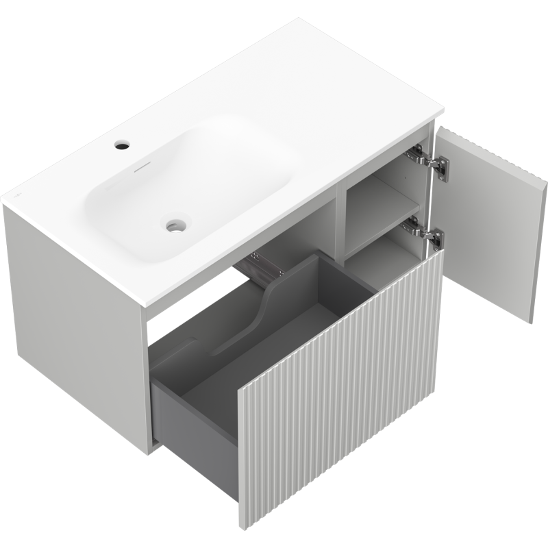 Mexen Rivel koupelnová skříňka 90 cm s umyvadlem Vela levá, 1S, 1D, drážkovaná, šedý mat/bílý mat - 91A23-09047-3-BBFF62-W23L01