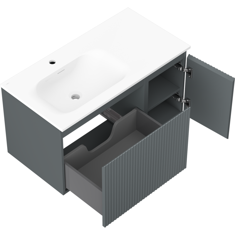 Mexen Rivel kúpeľňová skrinka 90 cm s umývadlom Vela ľavou, 1S, 1D, rýhovaná, grafit mat/biela mat - 91A23-09047-3-BBFF66-W23L01