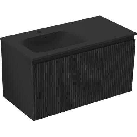 Mexen Rivel kúpeľňová skrinka 90 cm s umývadlom Vela ľavou, 1S, 1D, drážkovaná, čierna matná - 91A23-09047-3-BBFF71-W23L71