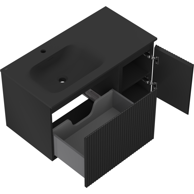 Mexen Rivel kúpeľňová skrinka 90 cm s umývadlom Vela ľavou, 1S, 1D, drážkovaná, čierna matná - 91A23-09047-3-BBFF71-W23L71