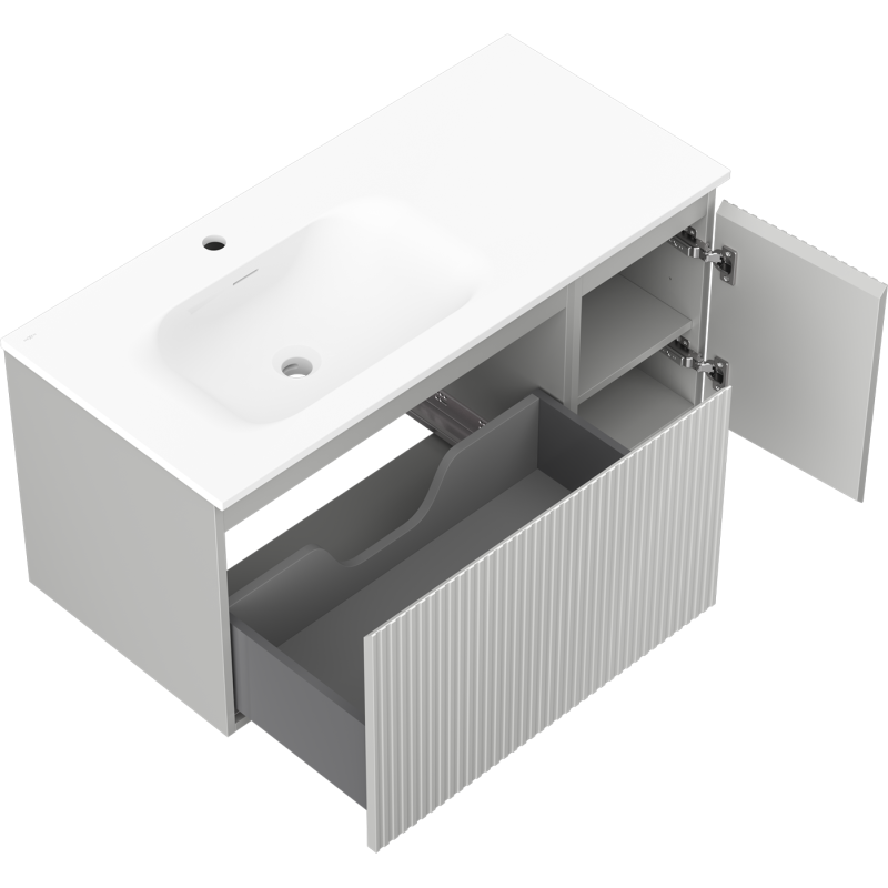 Mexen Rivel kúpeľňová skrinka 100 cm s umývadlom Vela ľavá, 1S, 1D, ryhovaná, sivá mat/biela mat