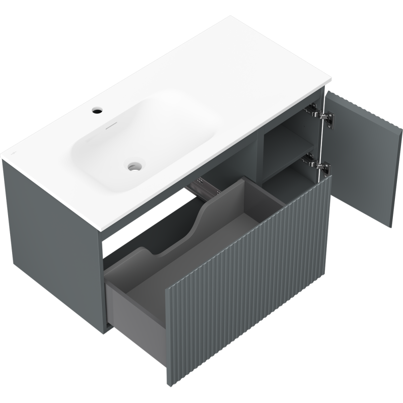 Mexen Rivel kúpeľňová skrinka 100 cm s umývadlom Vela ľavá, 1S, 1D, ryhovaná, grafit mat/biela mat