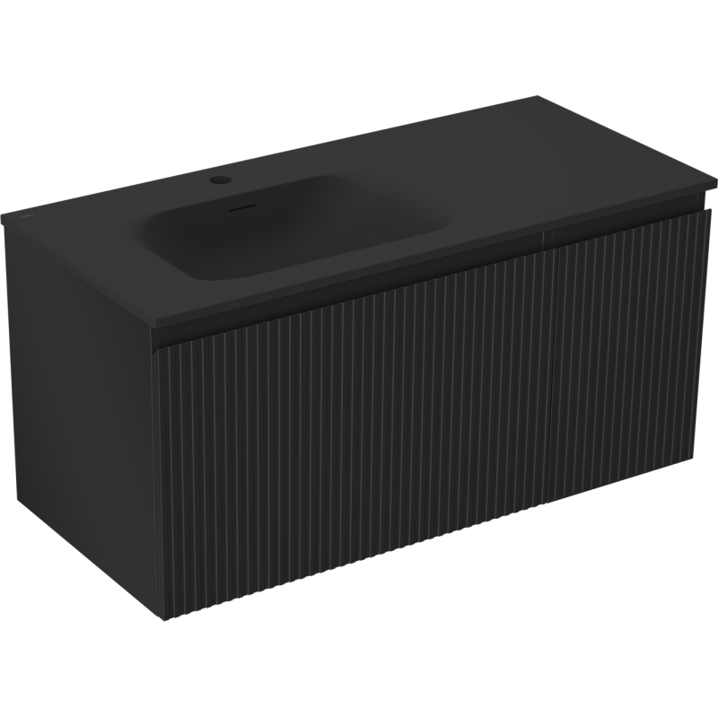 Mexen Rivel kúpeľňová skrinka 100 cm s umývadlom Vela ľavou, 1S, 1D, ryhovaná, čierna matná - 91A23-10047-3-BBFF71-W23L71
