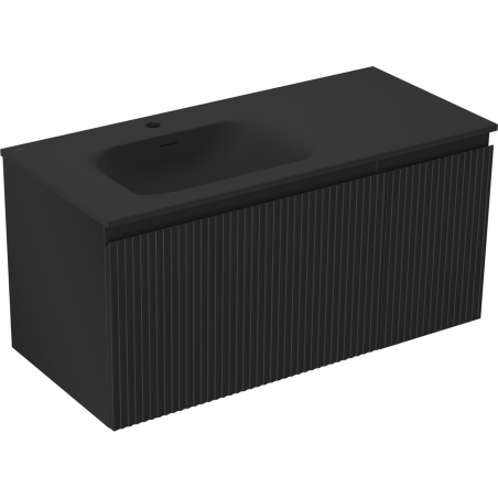 Mexen Rivel kúpeľňová skrinka 100 cm s umývadlom Vela ľavou, 1S, 1D, ryhovaná, čierna matná - 91A23-10047-3-BBFF71-W23L71