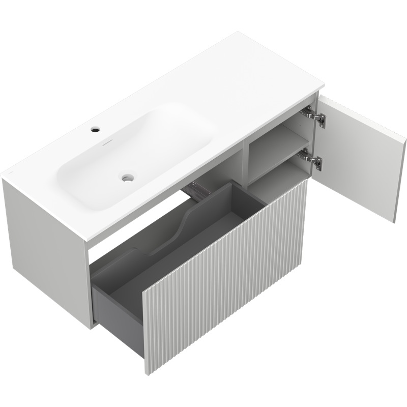 Mexen Rivel kúpeľňová skrinka 120 cm s umývadlom Vela ľavou, 1S, 1D, ryhovaná, sivý mat/biely mat - 91A23-12047-3-BBFF62-W23L01