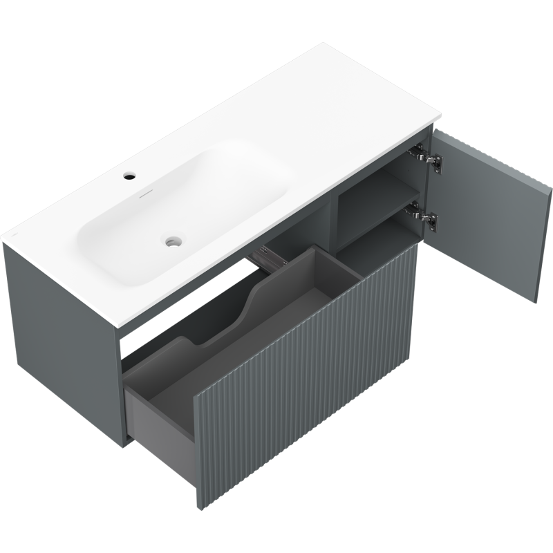 Mexen Rivel kúpeľňová skrinka 120 cm s umývadlom Vela ľavou, 1S, 1D, ryhovaná, grafit mat/biela mat