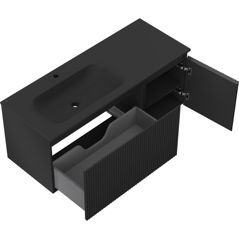 Mexen Rivel kúpeľňová skrinka 120 cm s umývadlom Vela ľavou, 1S, 1D, ryhovaná, čierna matná - 91A23-12047-3-BBFF71-W23L71