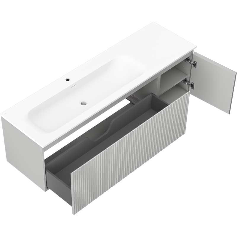 Mexen Rivel kúpeľňová skrinka 160 cm s umývadlom Vela ľavou, 1S, 1D, ryhovaná, sivá mat/biela mat - 91A23-16047-3-BBFF62-W23L01