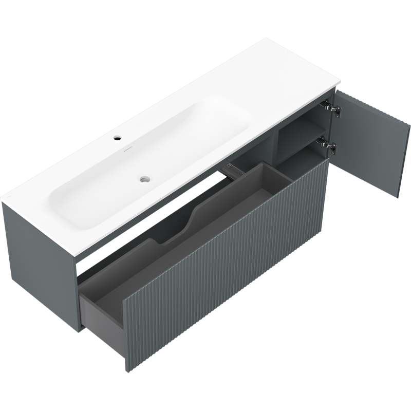 Mexen Rivel kúpeľňová skrinka 160 cm s umývadlom Vela ľavá, 1S, 1D, ryhovaná, grafit mat/biela mat - 91A23-16047-3-BBFF66-W23L01
