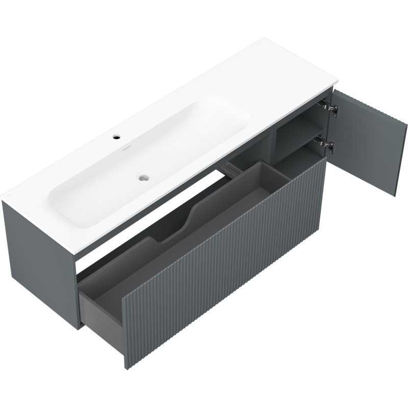Mexen Rivel kúpeľňová skrinka 160 cm s umývadlom Vela ľavým, 1S, 1D, ryhovaná, grafit mat/biela mat