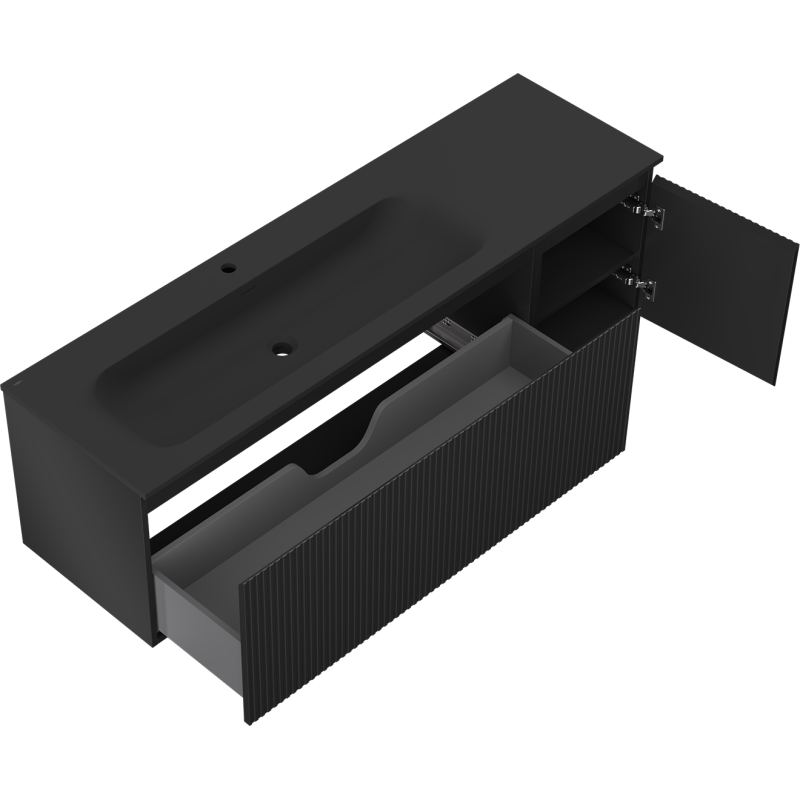 Mexen Rivel kúpeľňová skrinka 160 cm s umývadlom Vela ľavým, 1S, 1D, ryhovaná, čierna mat - 91A23-16047-3-BBFF71-W23L71