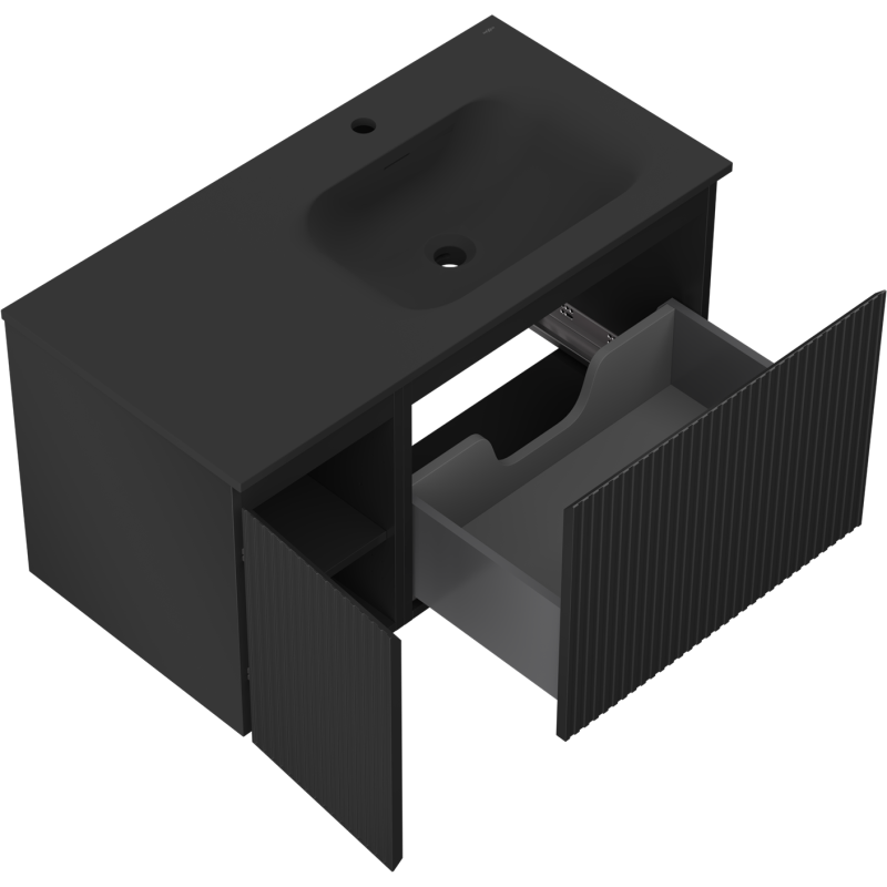 Mexen Rivel kúpeľňová skrinka 90 cm s umývadlom Vela pravým, 1S, 1D, ryhovaná, čierna matná - 91A23-09047-3-BBFF71-W23P71