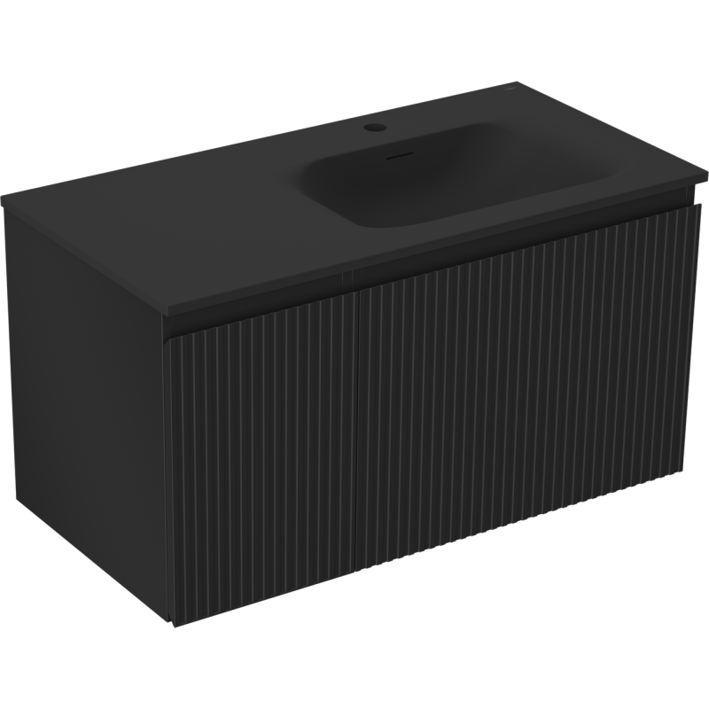 Mexen Rivel kúpeľňová skrinka 90 cm s umývadlom Vela pravým, 1S, 1D, ryhovaná, čierna matná - 91A23-09047-3-BBFF71-W23P71
