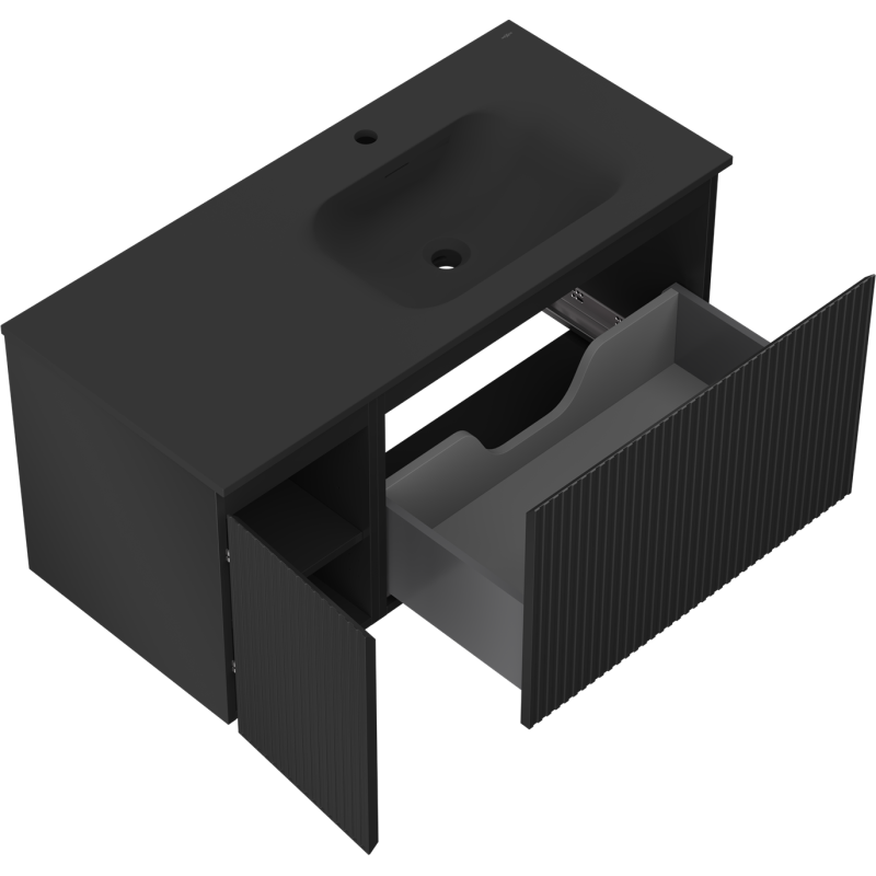 Mexen Rivel kúpeľňová skrinka 100 cm s umývadlom Vela pravá, 1S, 1D, ryhovaná, čierna matná - 91A23-10047-3-BBFF71-W23P71
